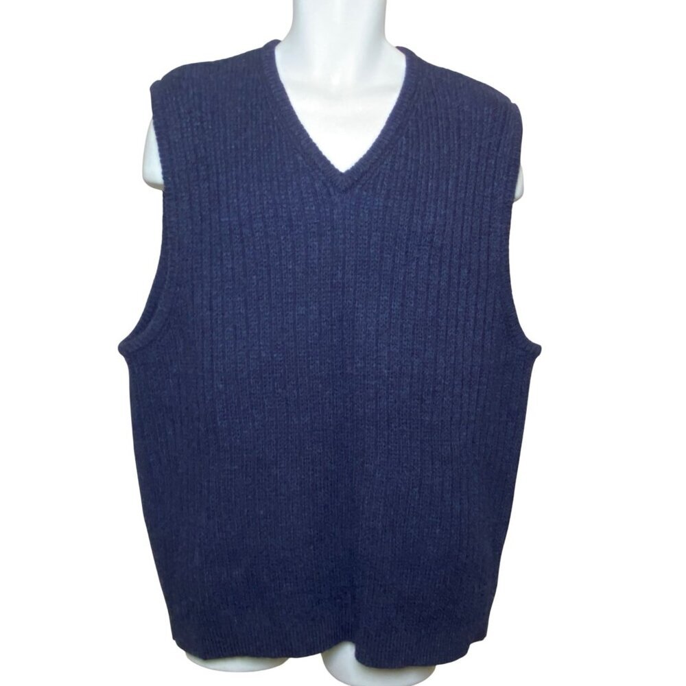 Vintage Eddie Bauer 100% Wool Knit Sweater Vest Mens Size L Blue V Neck Pullover